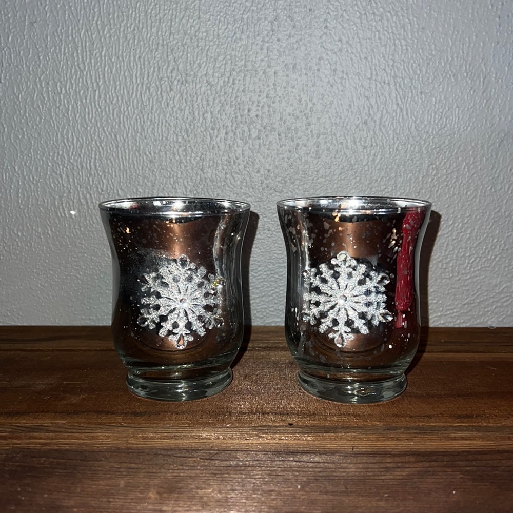 Set of Silvery Mercury Glass Votives w/ Snowflake Design